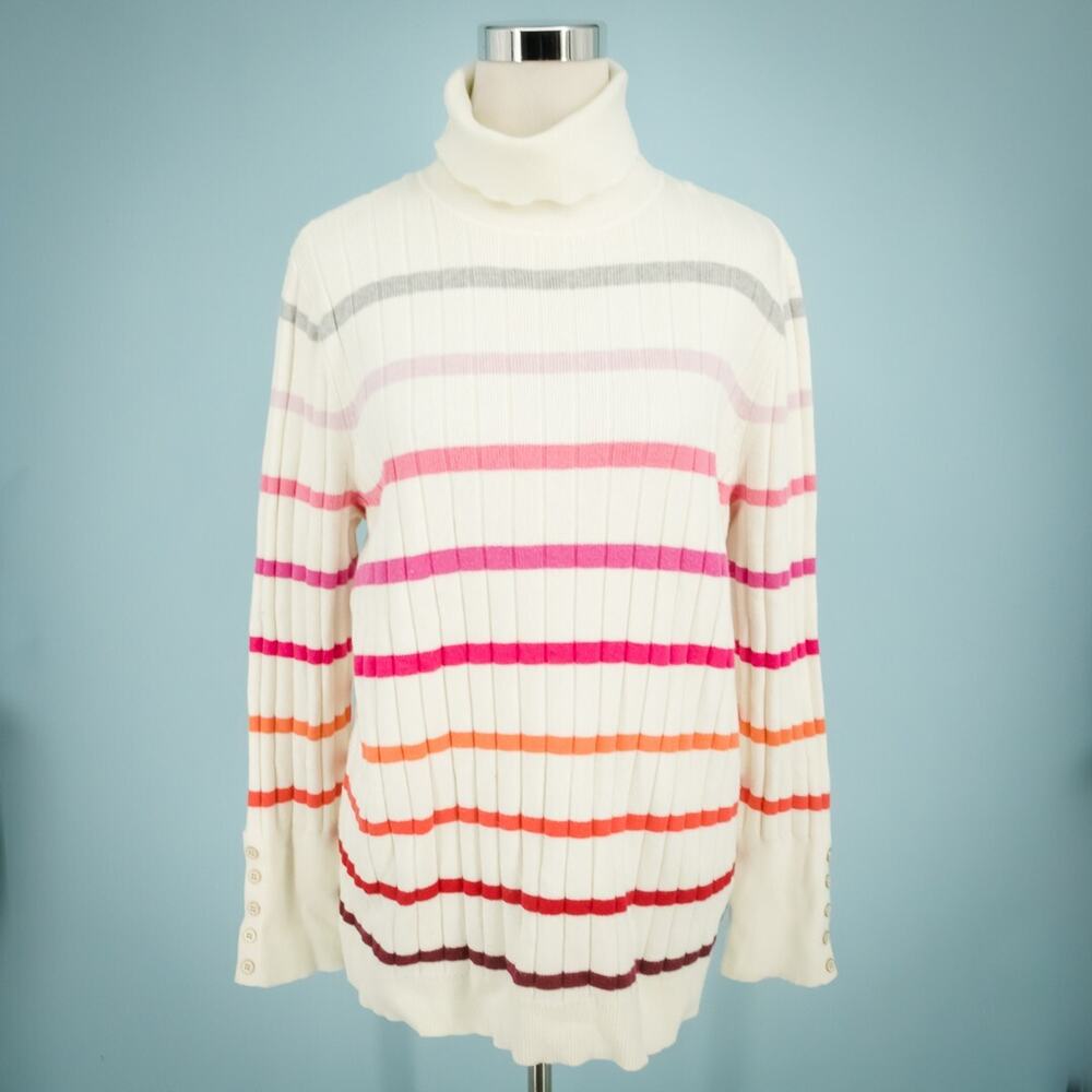 Talbots Plus Size 1X Ivory Cream Rainbow Stripe Ribbed Knit Turtleneck Sweater
